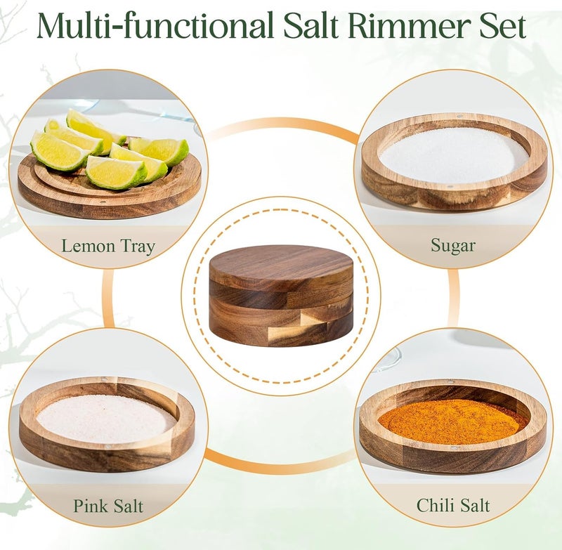 USEEKRIL 1 Pack 3-Tier Acacia Wooden Margarita Salt Rimmer Set,Salt&Sugar Rimmer for Cocktails Drinks,Cocktail Glass Rimmer Tools with Magnetic Swivel Lid for Bartenders,Home Bar,Parties - Image 4